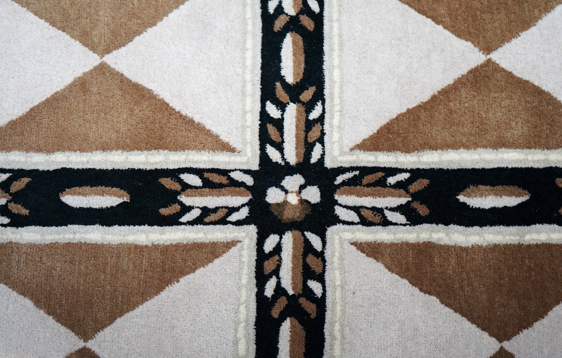 Beige Black Geometric Star Panel Grid Hand Tufted Wool Area Rug - Cut Pile Contemporary Custom Sizes