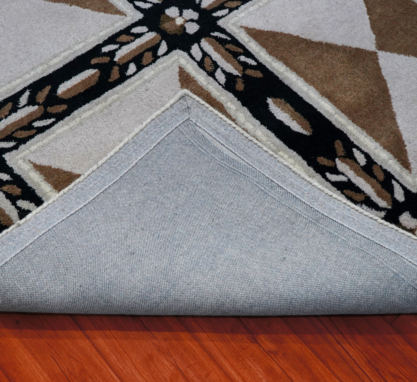 Beige Black Geometric Star Panel Grid Hand Tufted Wool Area Rug - Cut Pile Contemporary Custom Sizes