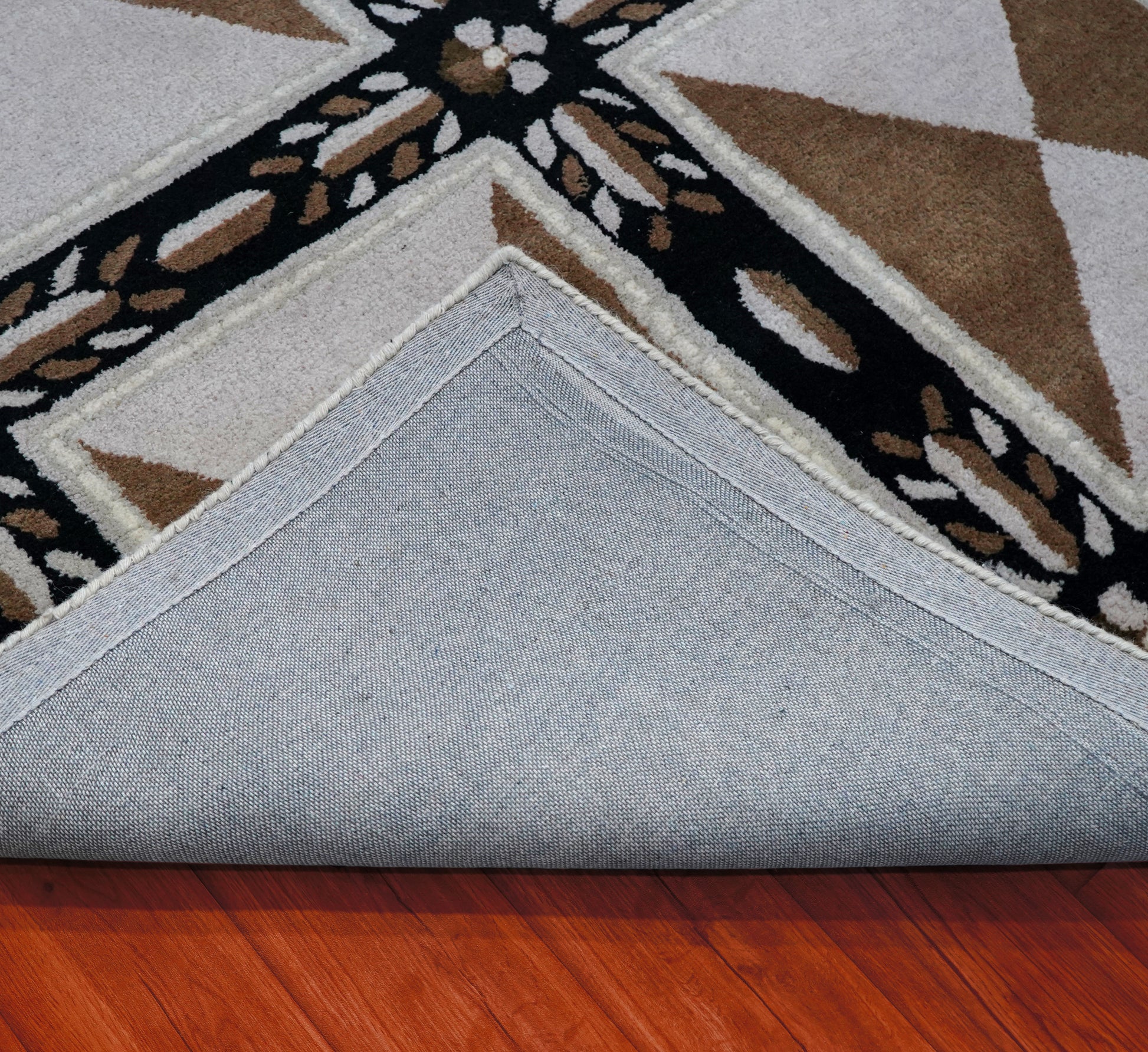 Beige Black Geometric Star Panel Grid Hand Tufted Wool Area Rug - Cut Pile Contemporary Custom Sizes