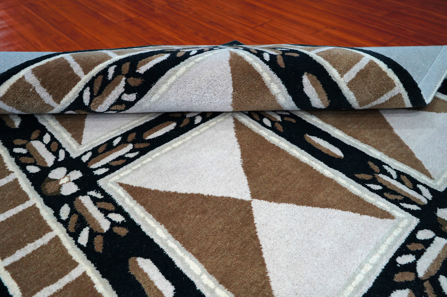 Beige Black Geometric Star Panel Grid Hand Tufted Wool Area Rug - Cut Pile Contemporary Custom Sizes