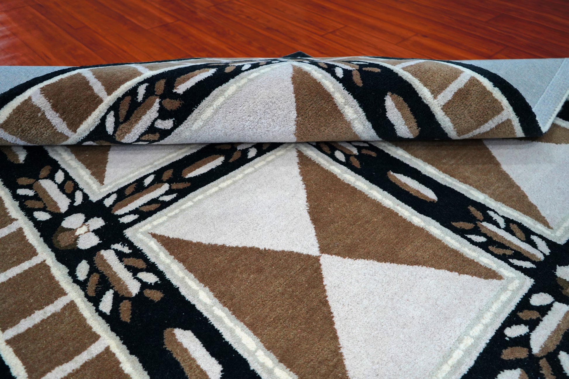 Beige Black Geometric Star Panel Grid Hand Tufted Wool Area Rug - Cut Pile Contemporary Custom Sizes