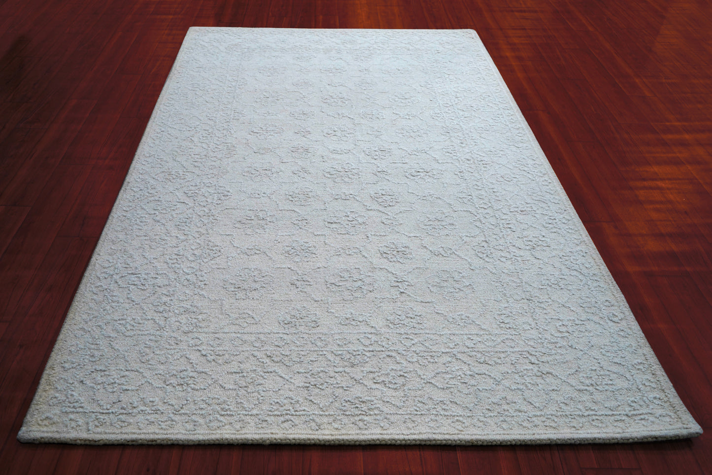 Ivory Textured Floral Hand Tufted Wool Area Rug - Cut Pile Elegant Custom Sizes