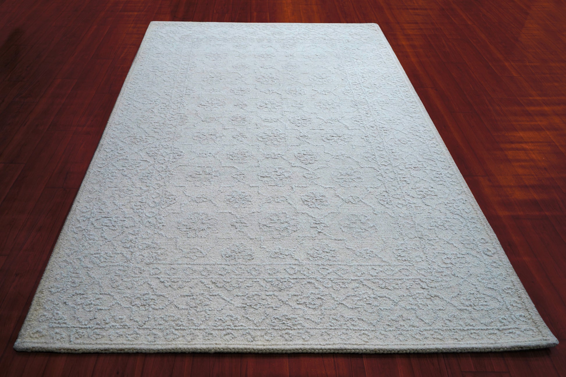Ivory Textured Floral Hand Tufted Wool Area Rug - Cut Pile Elegant Custom Sizes