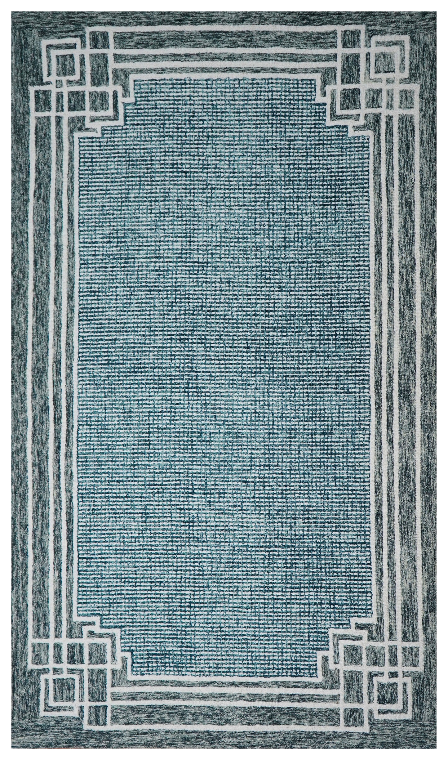 Teal Grey Greek Key Border Hand Tufted Wool Area Rug - Cut Pile Contemporary Custom Sizes