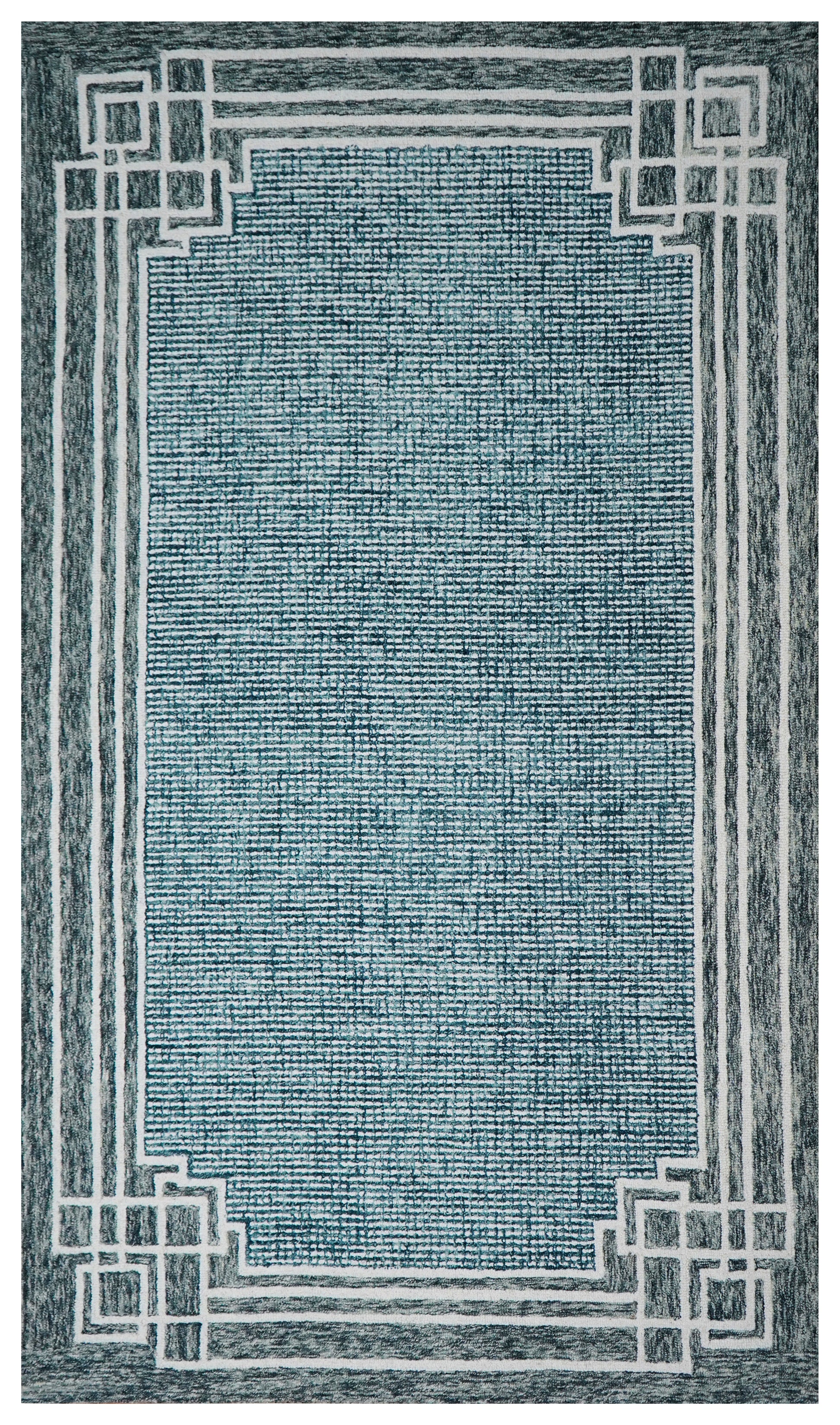 Teal Grey Greek Key Border Hand Tufted Wool Area Rug - Cut Pile Contemporary Custom Sizes