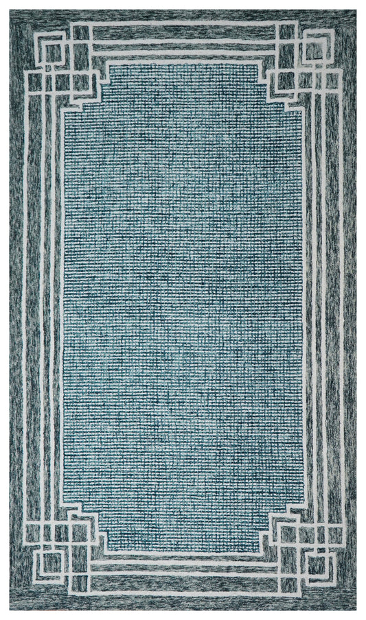 Teal Grey Greek Key Border Hand Tufted Wool Area Rug - Cut Pile Contemporary Custom Sizes