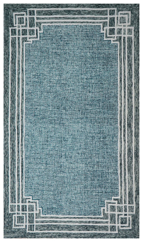 Teal Grey Greek Key Border Hand Tufted Wool Area Rug - Cut Pile Contemporary Custom Sizes