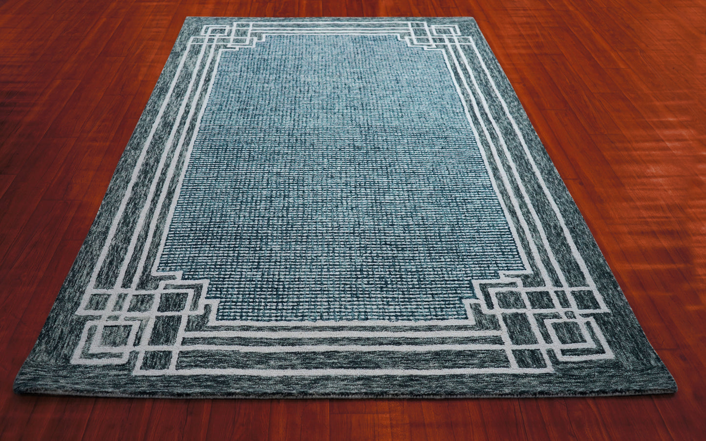 Teal Grey Greek Key Border Hand Tufted Wool Area Rug - Cut Pile Contemporary Custom Sizes