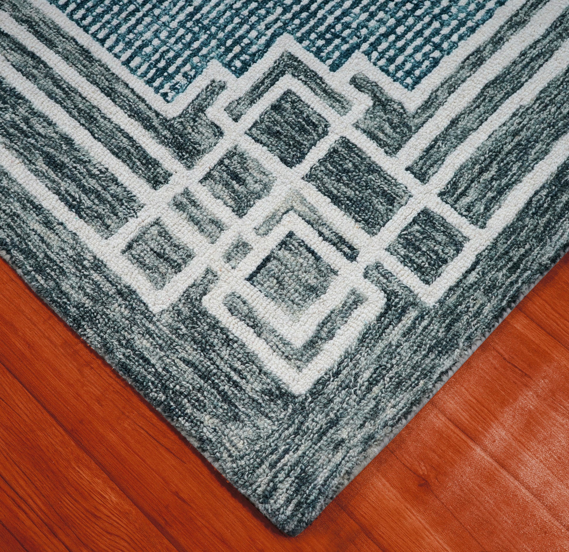 Teal Grey Greek Key Border Hand Tufted Wool Area Rug - Cut Pile Contemporary Custom Sizes