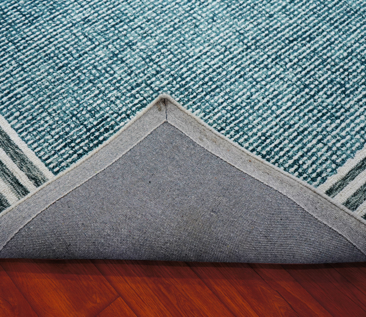 Teal Grey Greek Key Border Hand Tufted Wool Area Rug - Cut Pile Contemporary Custom Sizes