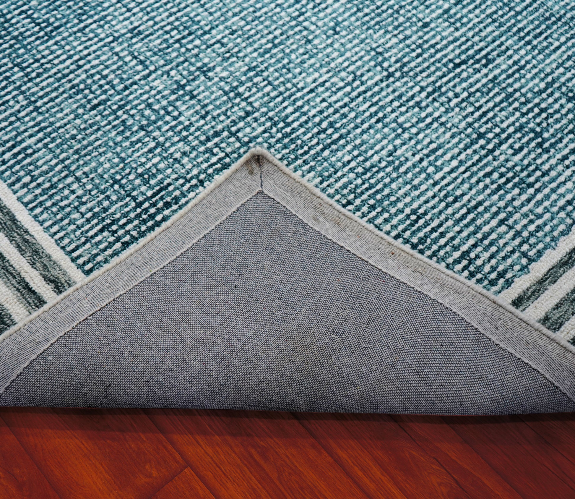 Teal Grey Greek Key Border Hand Tufted Wool Area Rug - Cut Pile Contemporary Custom Sizes