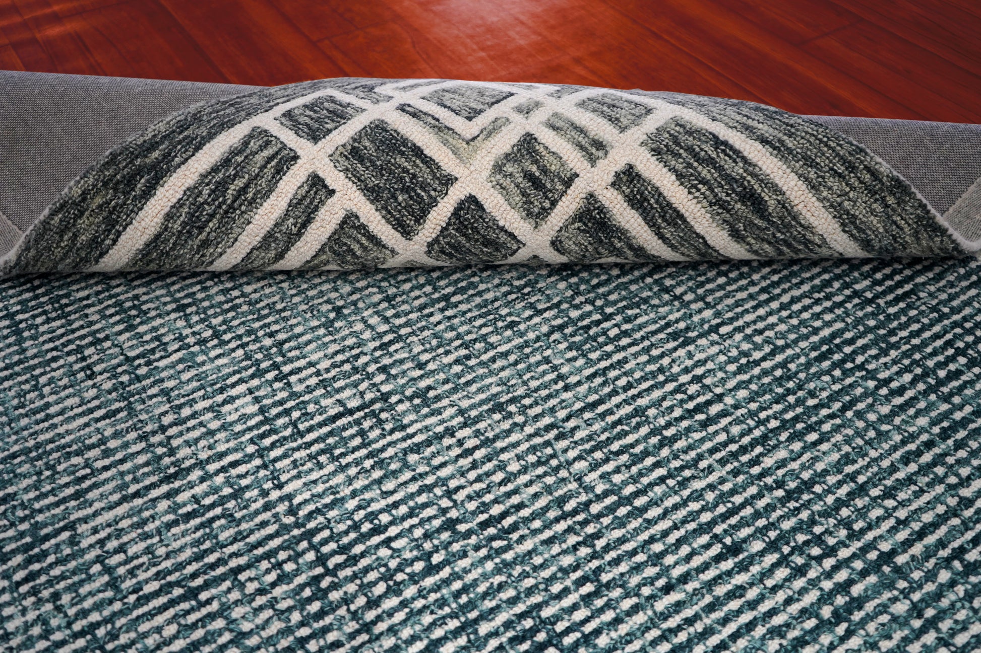 Teal Grey Greek Key Border Hand Tufted Wool Area Rug - Cut Pile Contemporary Custom Sizes