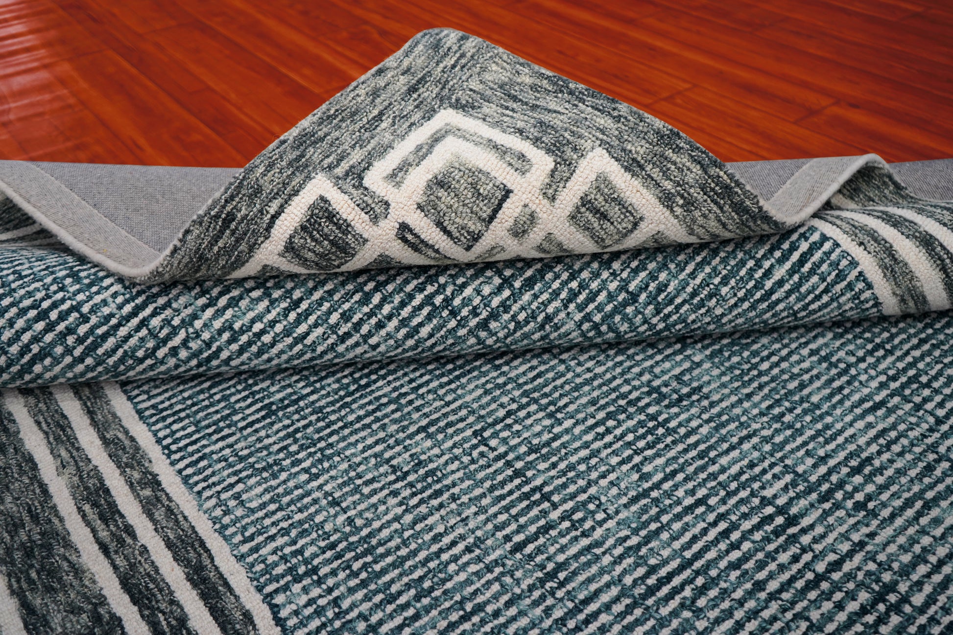 Teal Grey Greek Key Border Hand Tufted Wool Area Rug - Cut Pile Contemporary Custom Sizes