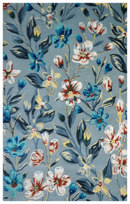 Blue Grey Floral Botanical Hand Tufted Wool Area Rug - White Yellow Cut Pile Custom Sizes