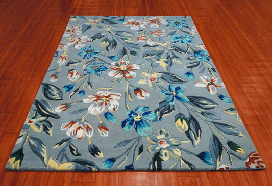 Blue Grey Floral Botanical Hand Tufted Wool Area Rug - White Yellow Cut Pile Custom Sizes