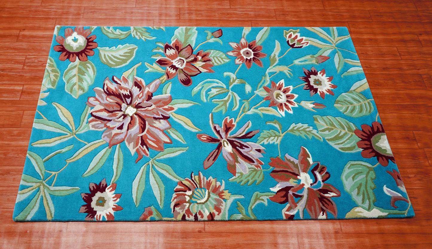 Turquoise Tropical Floral Hand Tufted Wool Area Rug - Brown Green Cut Pile Botanical Custom Sizes