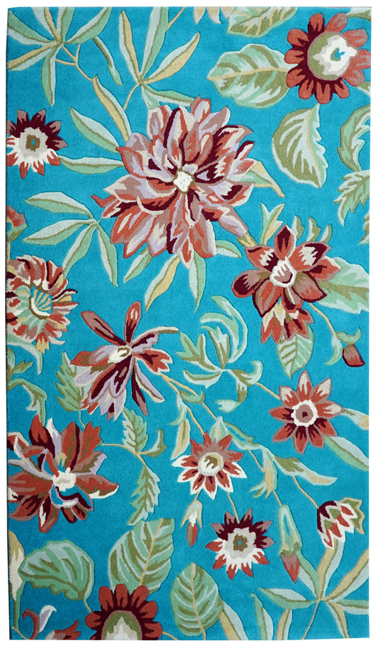 Turquoise Tropical Floral Hand Tufted Wool Area Rug - Brown Green Cut Pile Botanical Custom Sizes