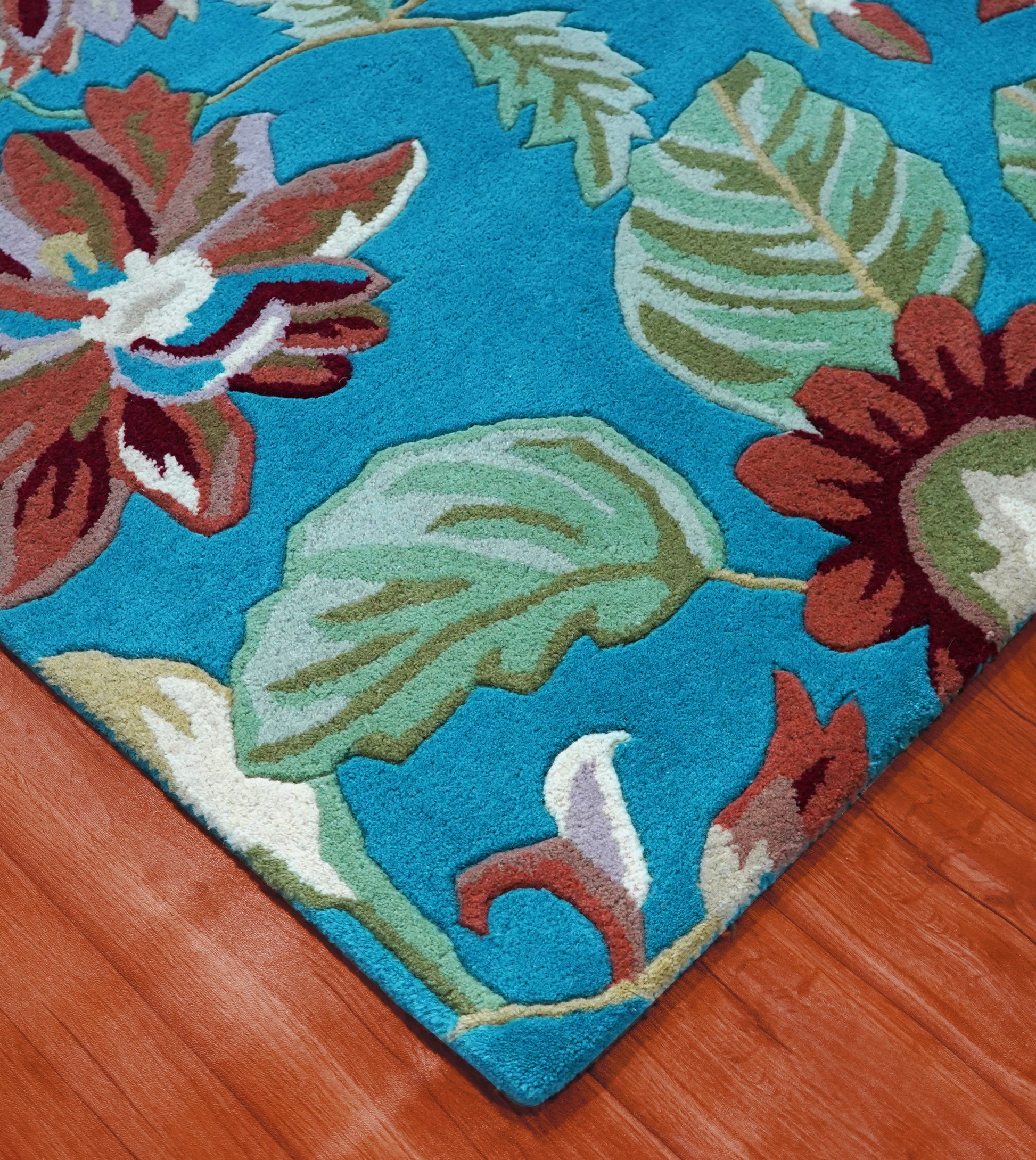 Turquoise Tropical Floral Hand Tufted Wool Area Rug - Brown Green Cut Pile Botanical Custom Sizes