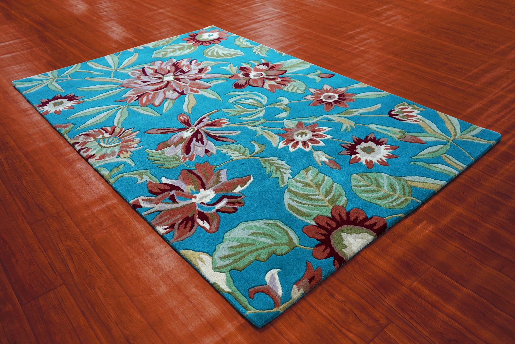 Turquoise Tropical Floral Hand Tufted Wool Area Rug - Brown Green Cut Pile Botanical Custom Sizes