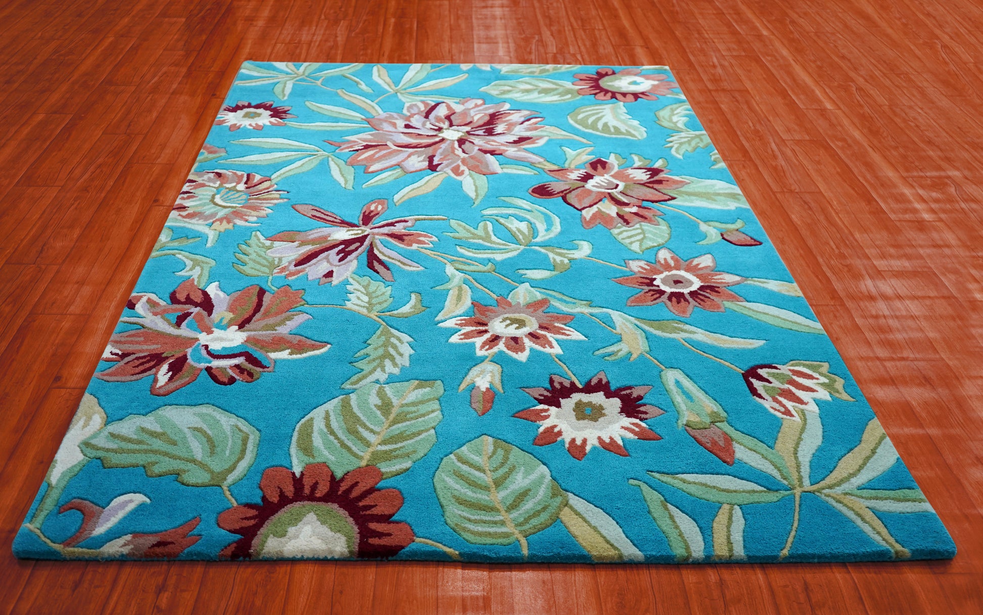 Turquoise Tropical Floral Hand Tufted Wool Area Rug - Brown Green Cut Pile Botanical Custom Sizes