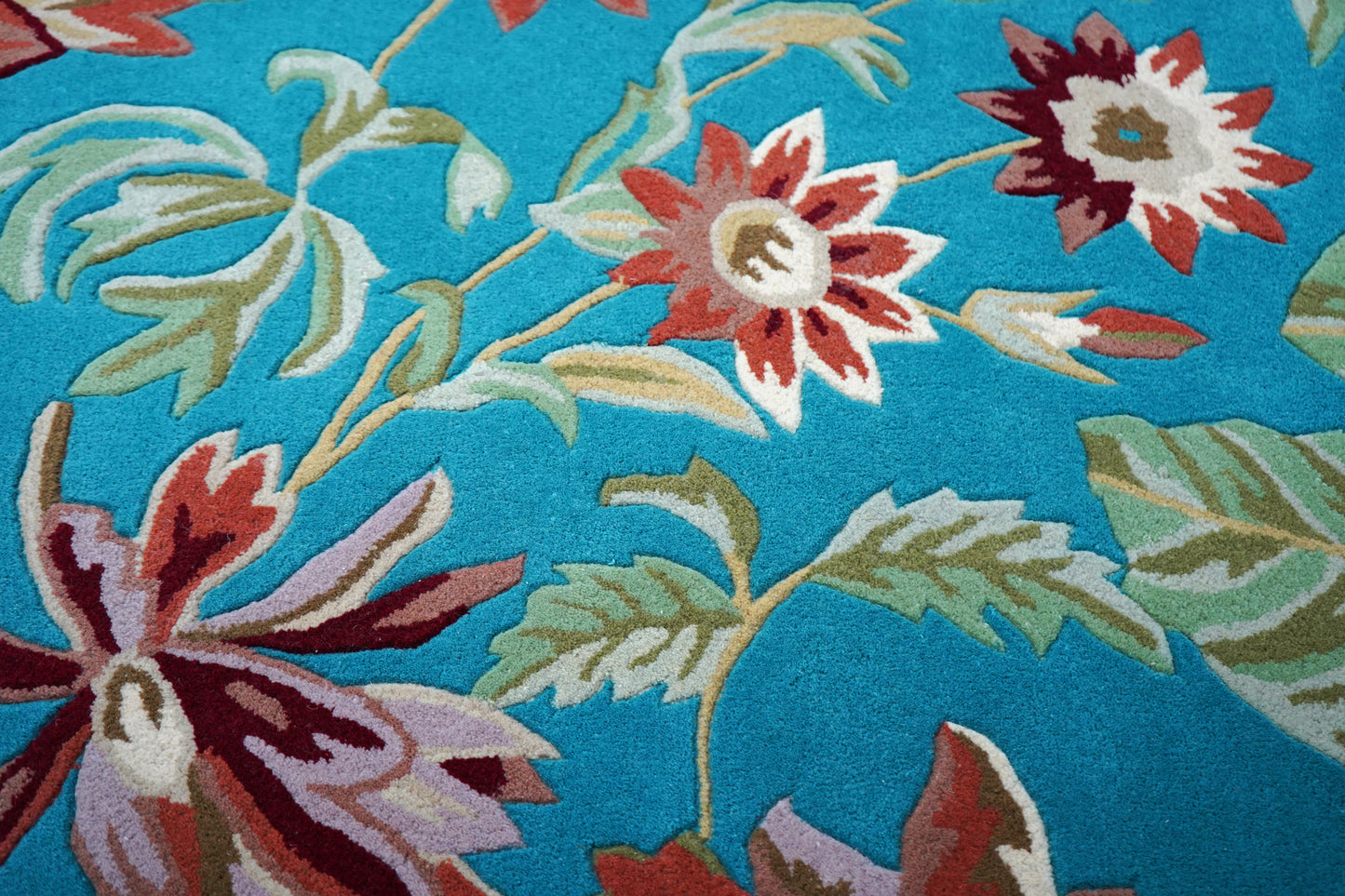 Turquoise Tropical Floral Hand Tufted Wool Area Rug - Brown Green Cut Pile Botanical Custom Sizes