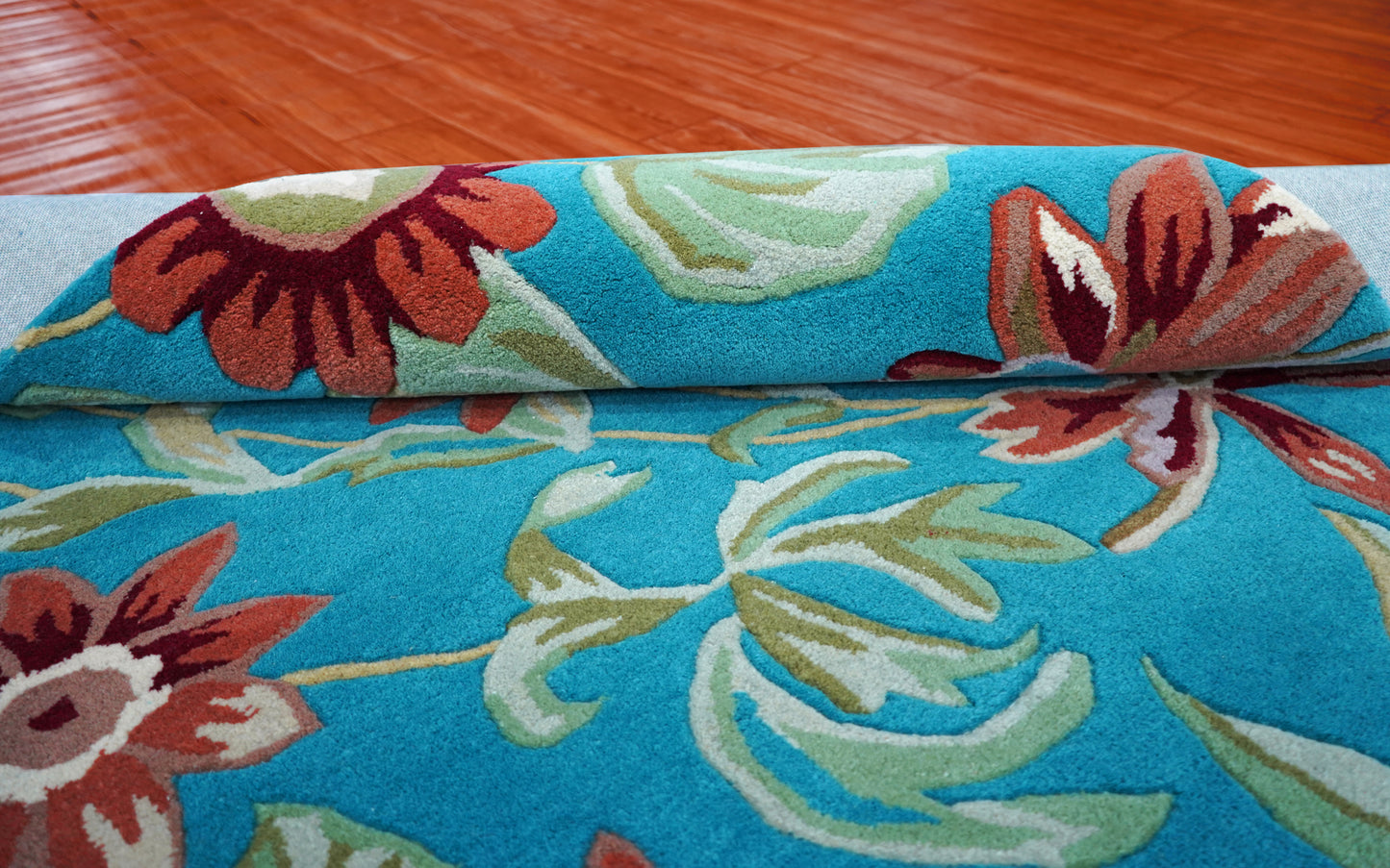 Turquoise Tropical Floral Hand Tufted Wool Area Rug - Brown Green Cut Pile Botanical Custom Sizes