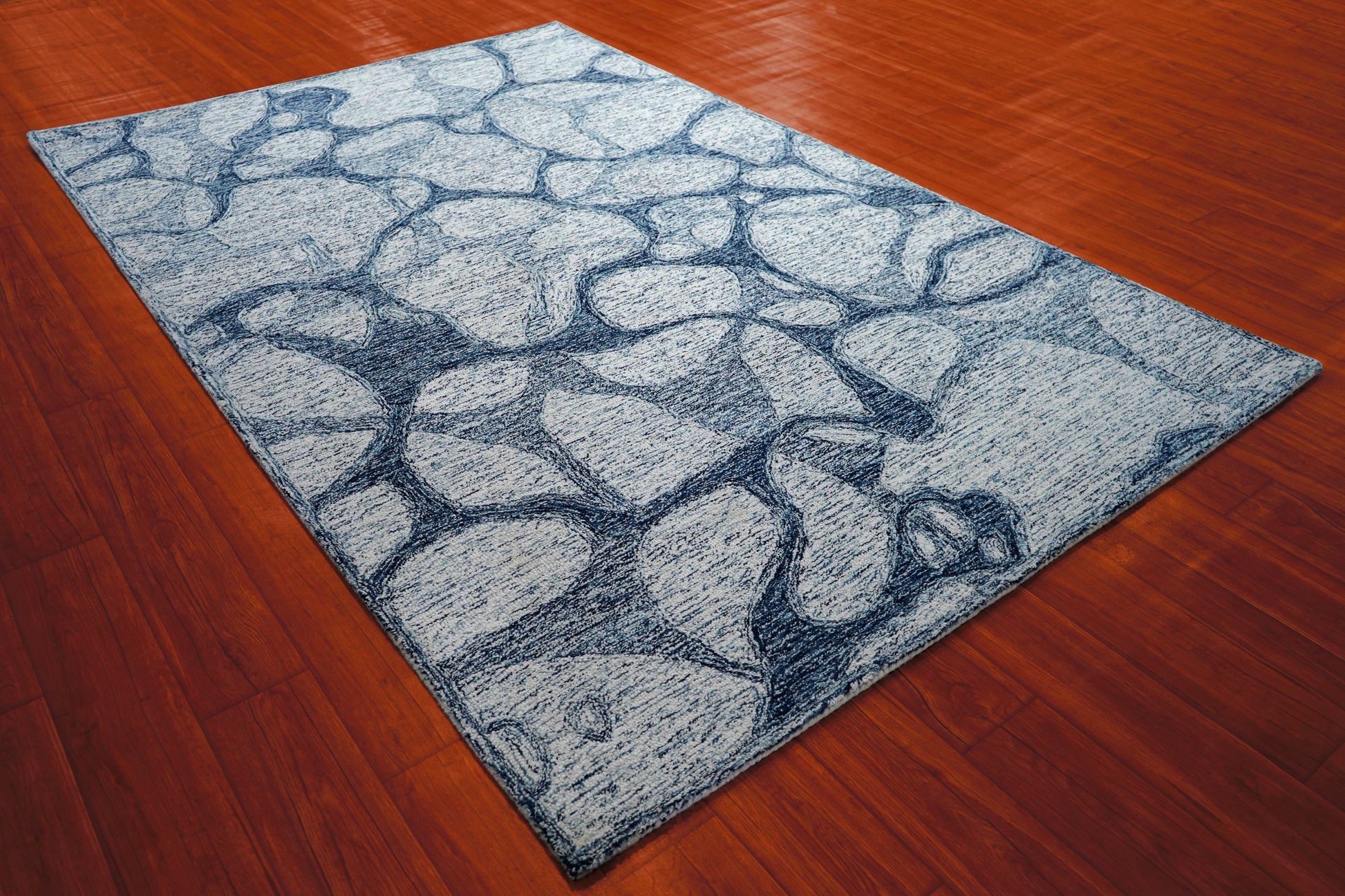 Grey Navy Abstract Stone Pebbles Hand Tufted Wool Area Rug - Cut Pile Contemporary Custom Sizes