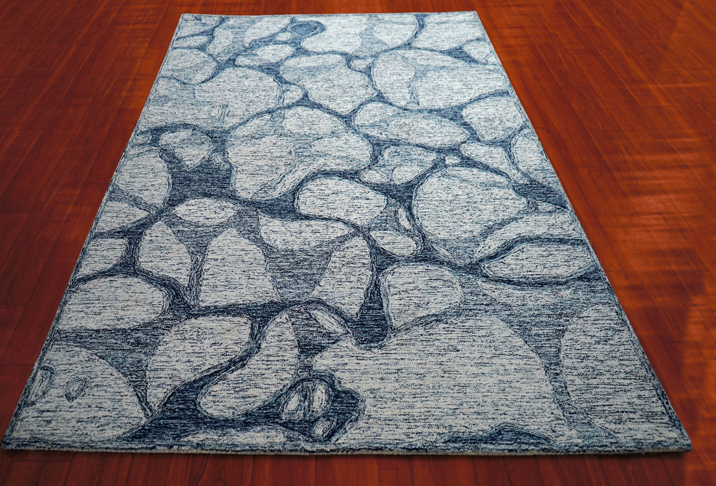 Grey Navy Abstract Stone Pebbles Hand Tufted Wool Area Rug - Cut Pile Contemporary Custom Sizes