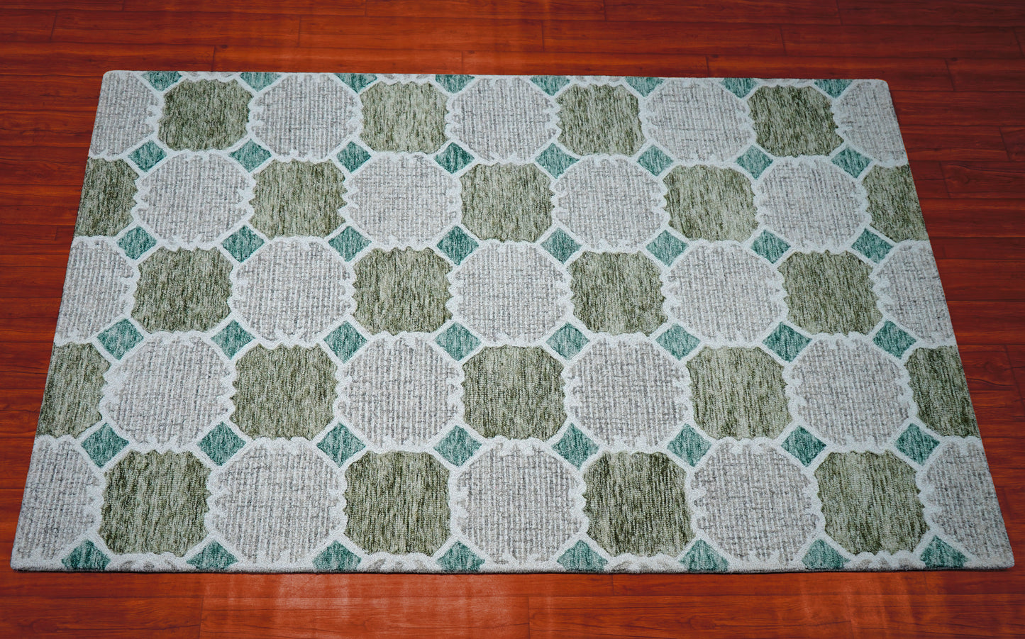 Green Teal Ivory Moroccan Quatrefoil Trellis Hand Tufted Wool Area Rug - Cut Pile Geometric Custom Sizes
