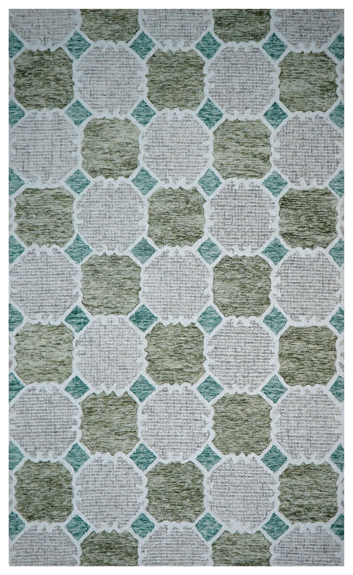 Green Teal Ivory Moroccan Quatrefoil Trellis Hand Tufted Wool Area Rug - Cut Pile Geometric Custom Sizes