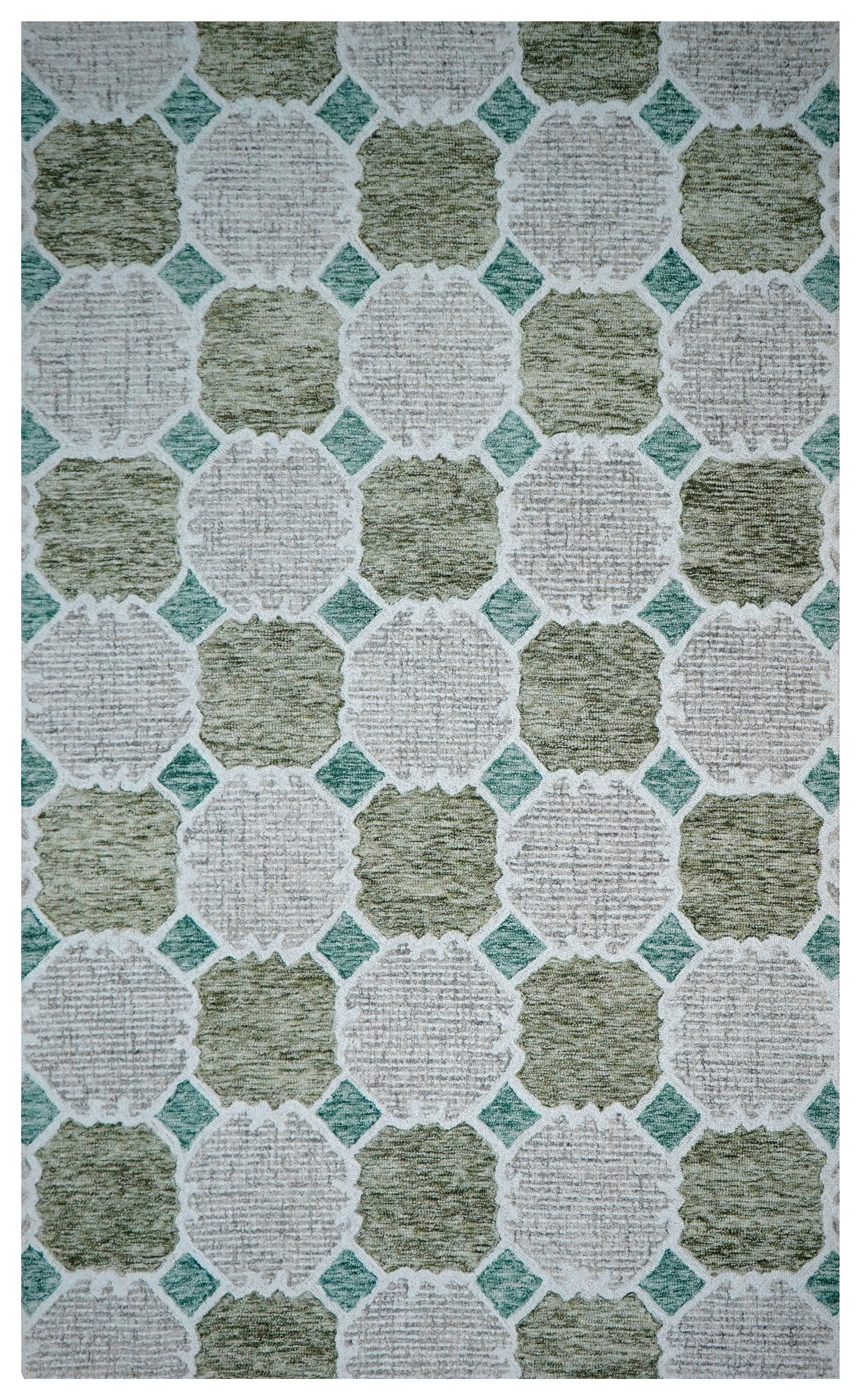 Green Teal Ivory Moroccan Quatrefoil Trellis Hand Tufted Wool Area Rug - Cut Pile Geometric Custom Sizes
