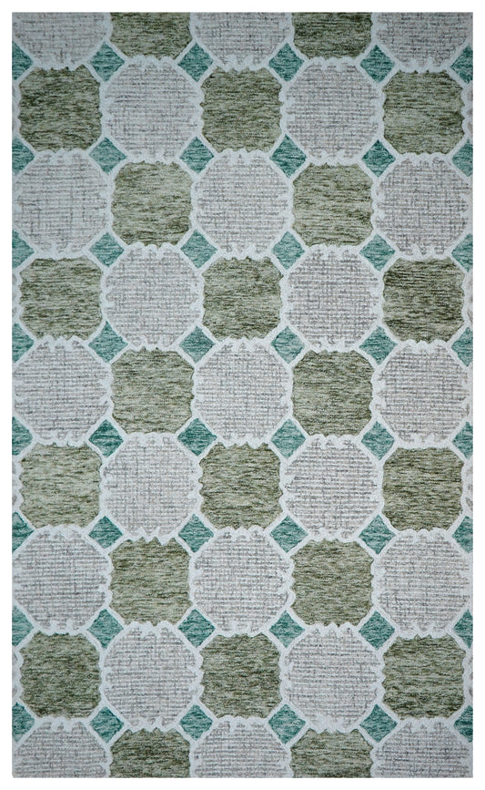Green Teal Ivory Moroccan Quatrefoil Trellis Hand Tufted Wool Area Rug - Cut Pile Geometric Custom Sizes