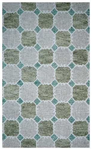 Green Teal Ivory Moroccan Quatrefoil Trellis Hand Tufted Wool Area Rug - Cut Pile Geometric Custom Sizes