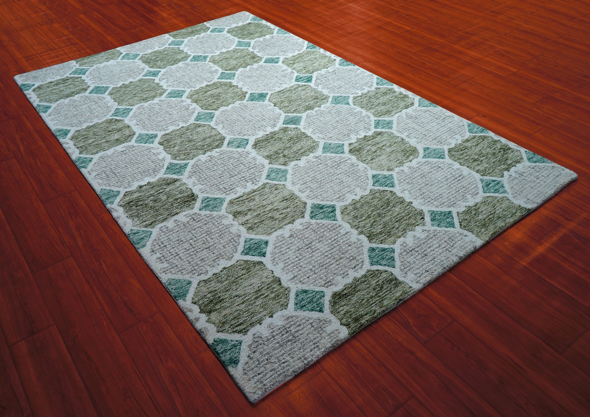 Green Teal Ivory Moroccan Quatrefoil Trellis Hand Tufted Wool Area Rug - Cut Pile Geometric Custom Sizes