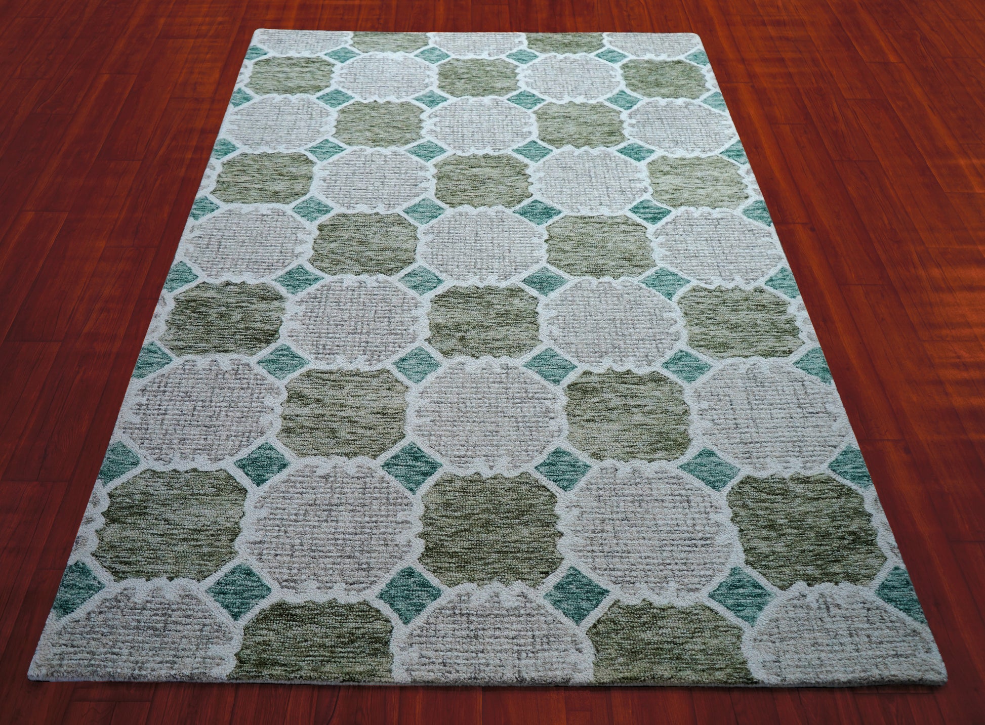 Green Teal Ivory Moroccan Quatrefoil Trellis Hand Tufted Wool Area Rug - Cut Pile Geometric Custom Sizes
