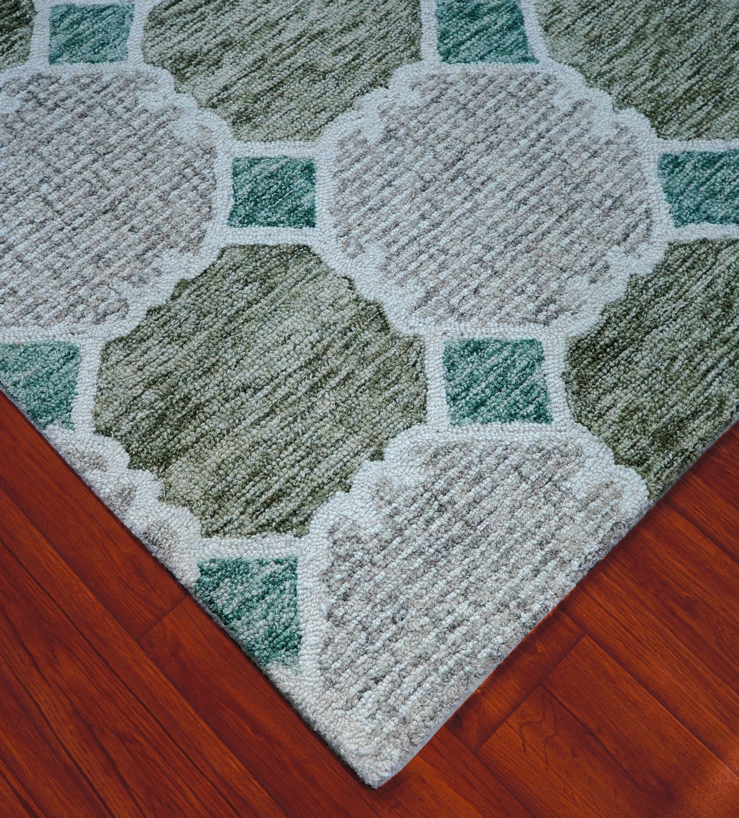 Green Teal Ivory Moroccan Quatrefoil Trellis Hand Tufted Wool Area Rug - Cut Pile Geometric Custom Sizes