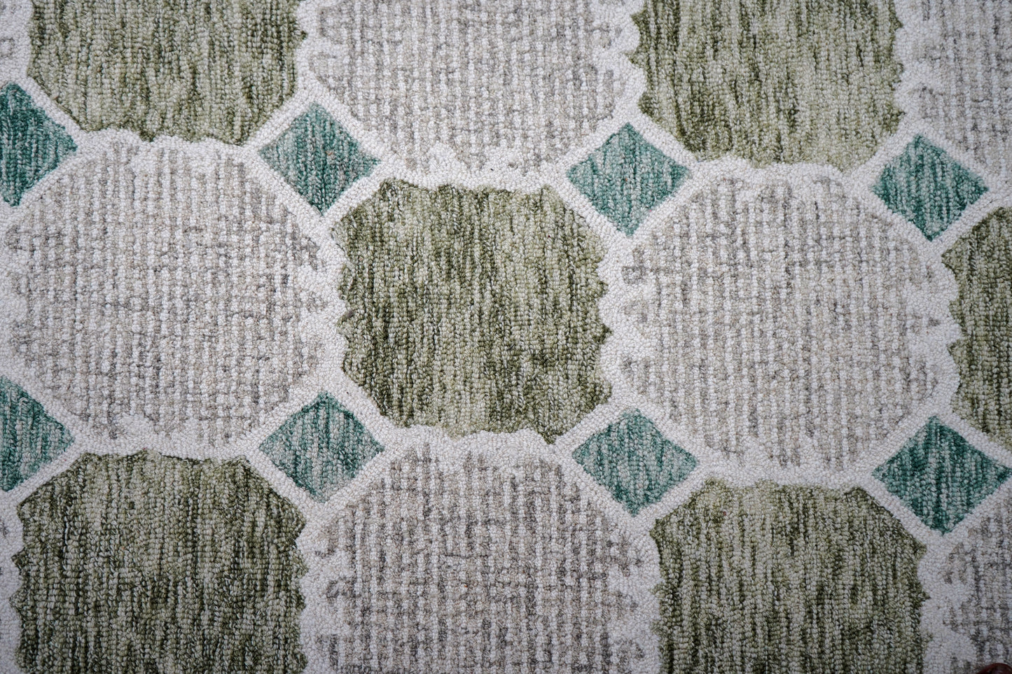 Green Teal Ivory Moroccan Quatrefoil Trellis Hand Tufted Wool Area Rug - Cut Pile Geometric Custom Sizes