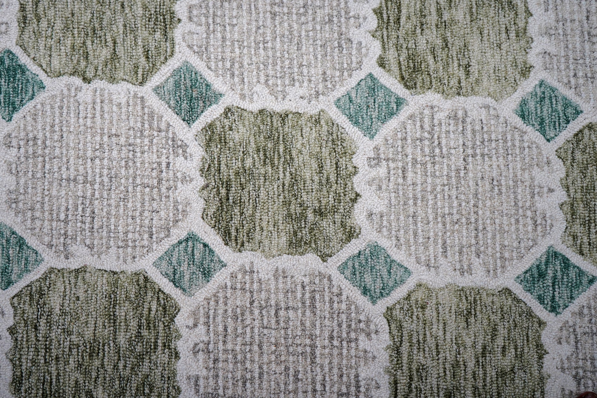 Green Teal Ivory Moroccan Quatrefoil Trellis Hand Tufted Wool Area Rug - Cut Pile Geometric Custom Sizes