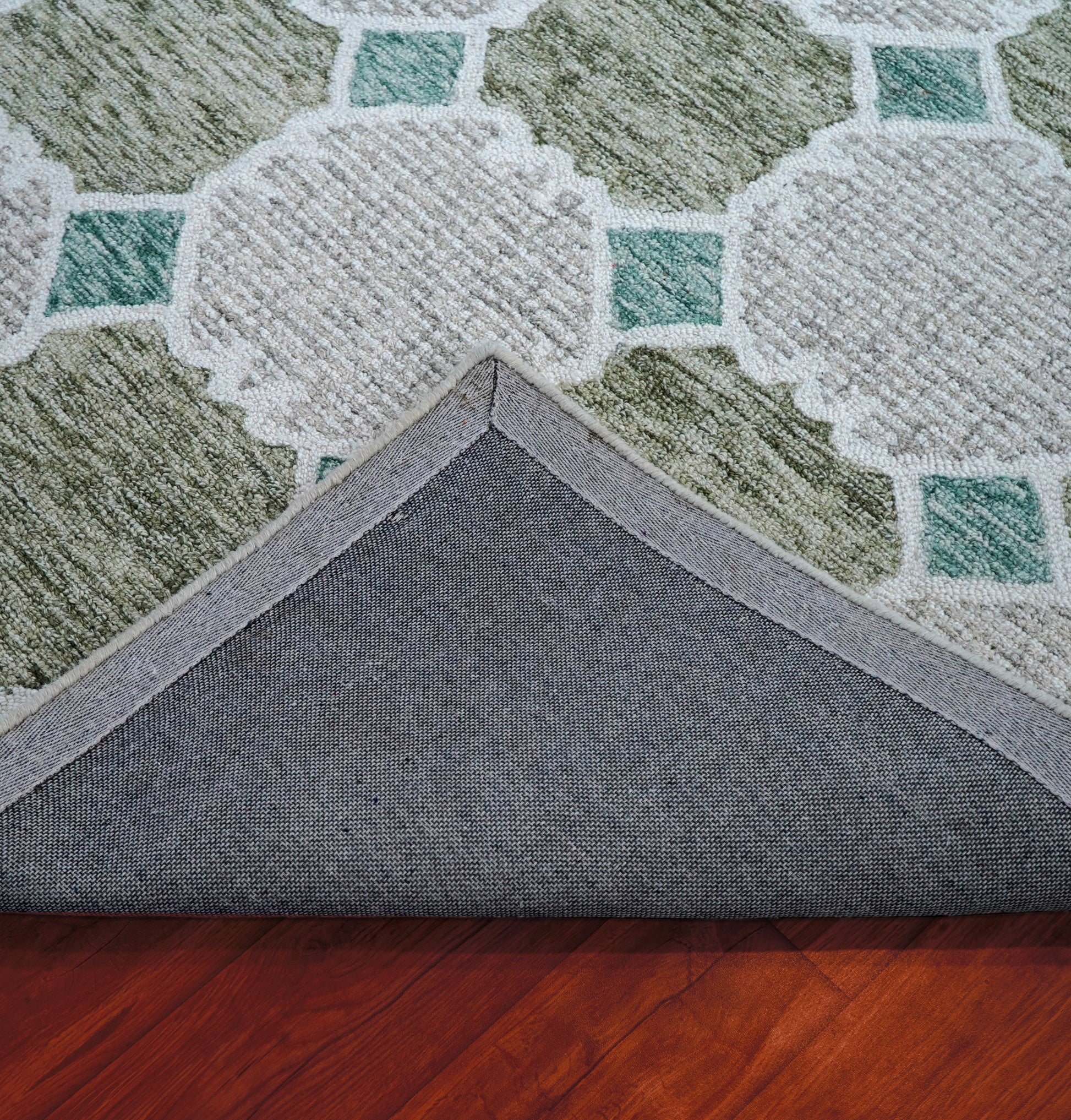 Green Teal Ivory Moroccan Quatrefoil Trellis Hand Tufted Wool Area Rug - Cut Pile Geometric Custom Sizes