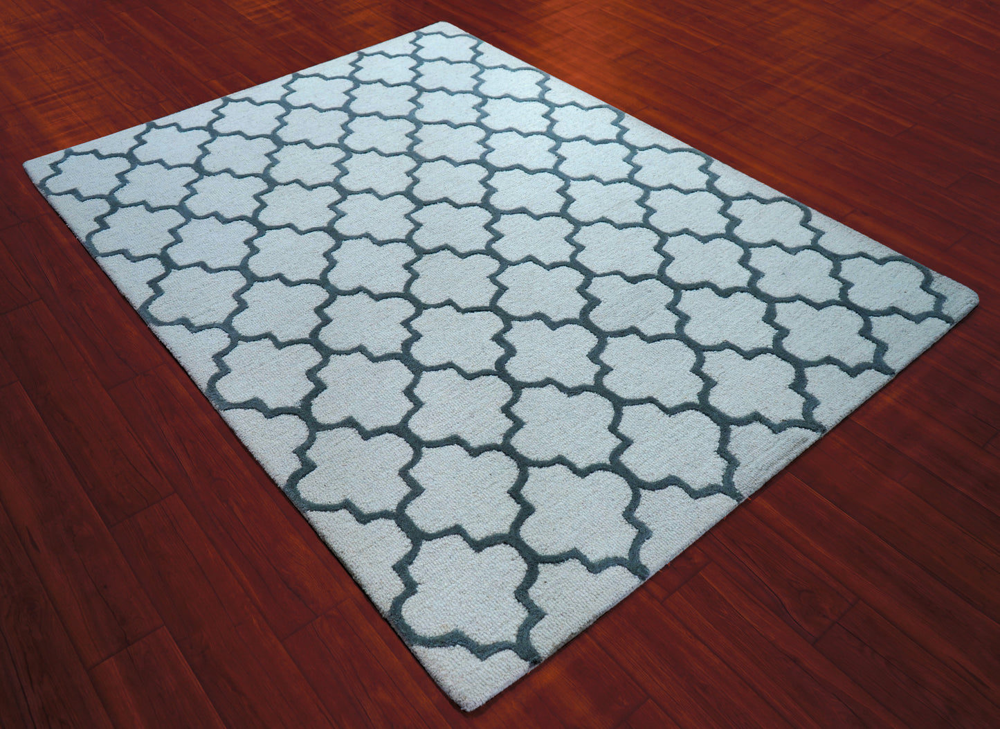 Grey Navy Moroccan Quatrefoil Hand Tufted Wool Area Rug - Cut Pile Geometric Custom Sizes
