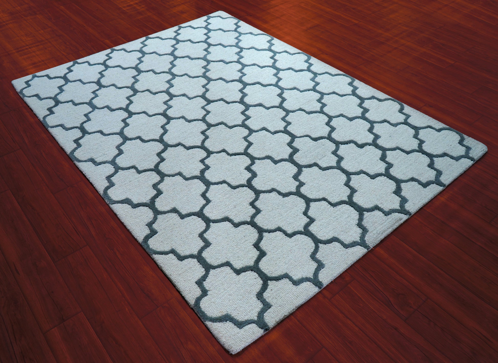 Grey Navy Moroccan Quatrefoil Hand Tufted Wool Area Rug - Cut Pile Geometric Custom Sizes