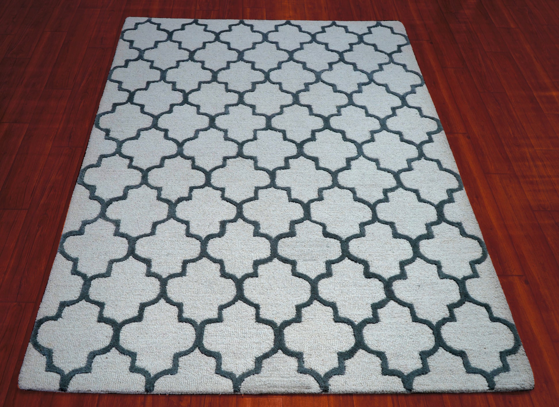 Grey Navy Moroccan Quatrefoil Hand Tufted Wool Area Rug - Cut Pile Geometric Custom Sizes