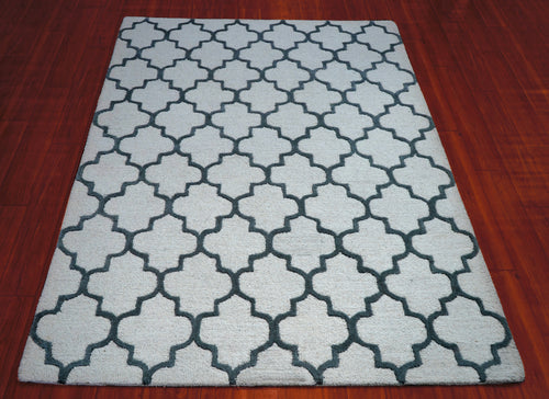 Grey Navy Moroccan Quatrefoil Hand Tufted Wool Area Rug - Cut Pile Geometric Custom Sizes