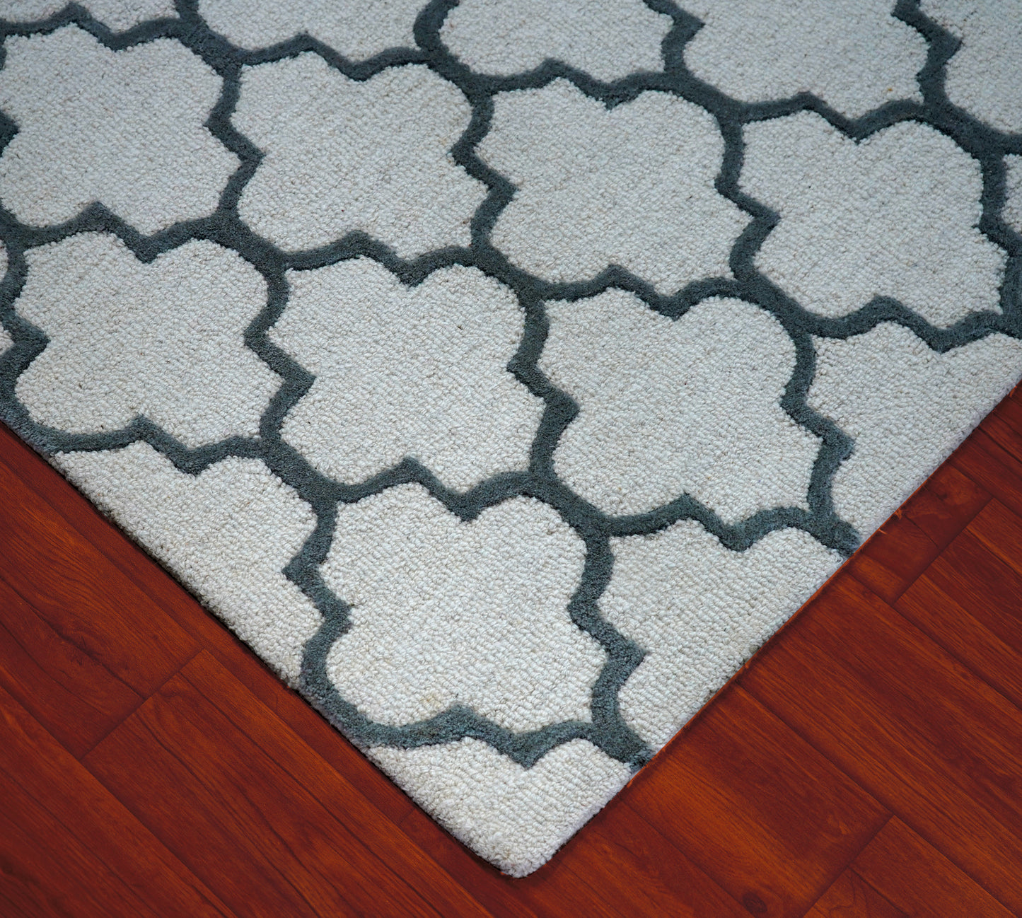 Grey Navy Moroccan Quatrefoil Hand Tufted Wool Area Rug - Cut Pile Geometric Custom Sizes