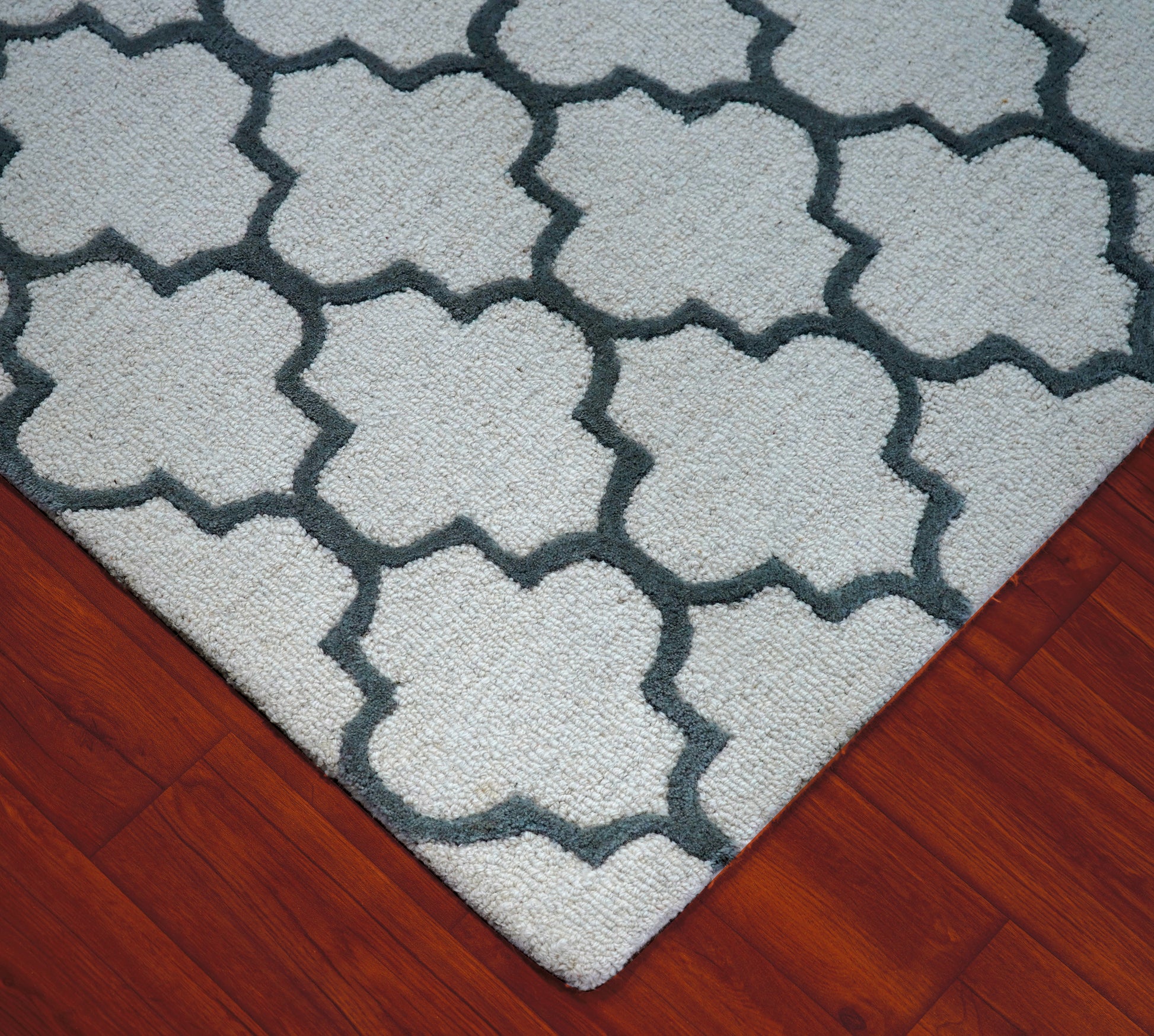 Grey Navy Moroccan Quatrefoil Hand Tufted Wool Area Rug - Cut Pile Geometric Custom Sizes