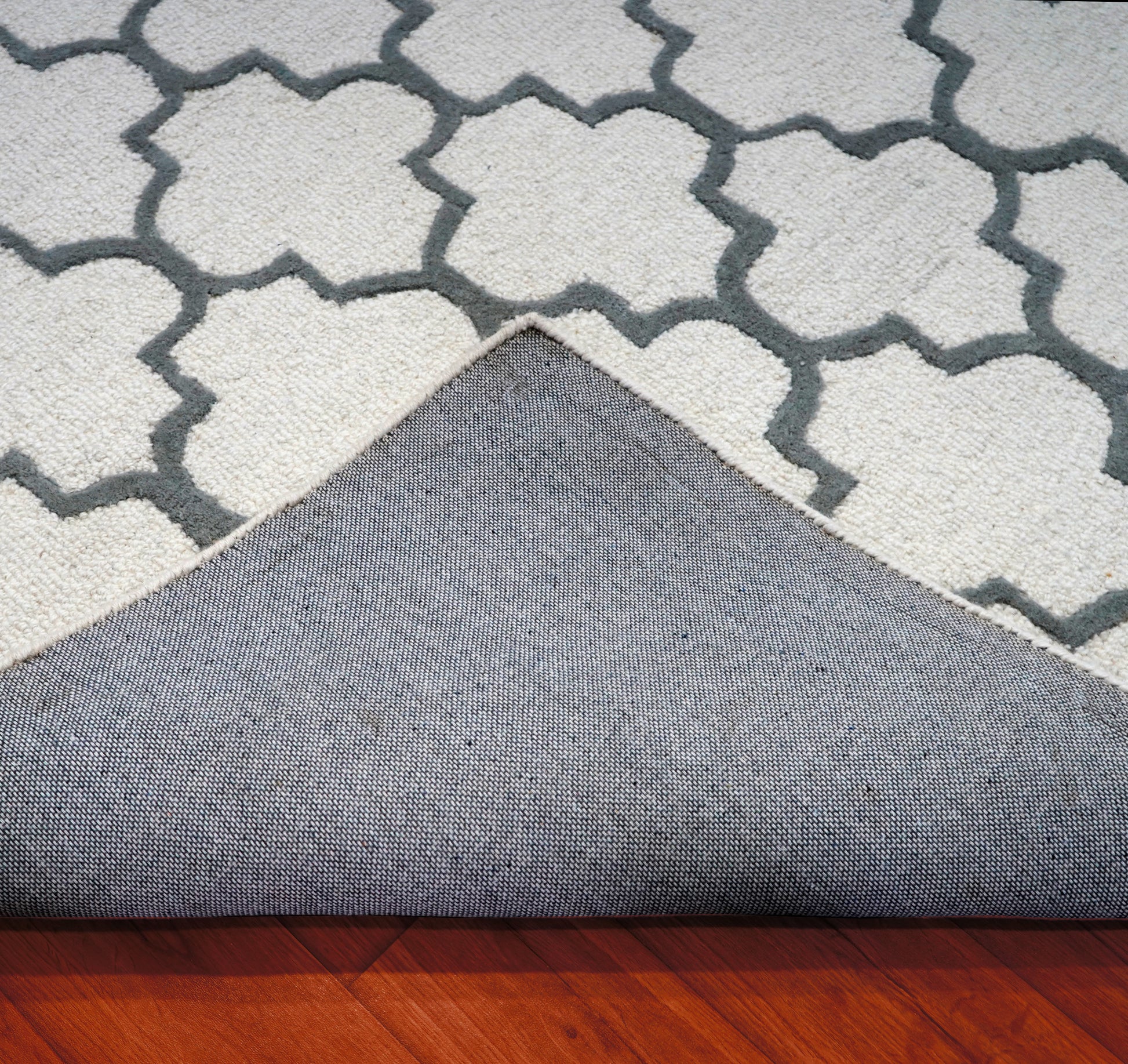 Grey Navy Moroccan Quatrefoil Hand Tufted Wool Area Rug - Cut Pile Geometric Custom Sizes