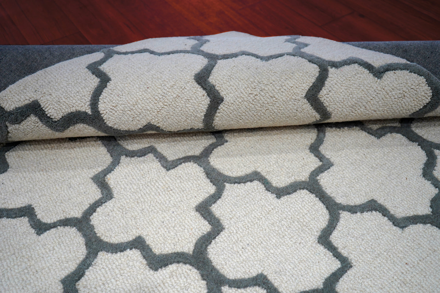 Grey Navy Moroccan Quatrefoil Hand Tufted Wool Area Rug - Cut Pile Geometric Custom Sizes