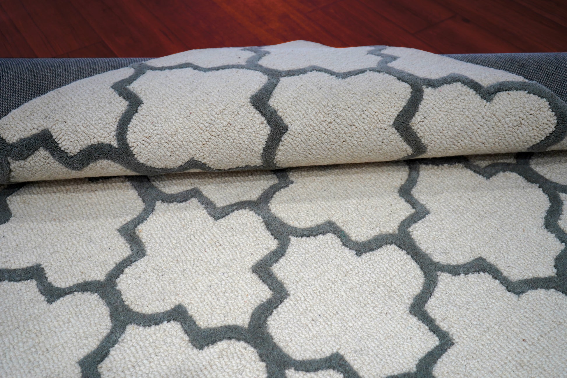 Grey Navy Moroccan Quatrefoil Hand Tufted Wool Area Rug - Cut Pile Geometric Custom Sizes