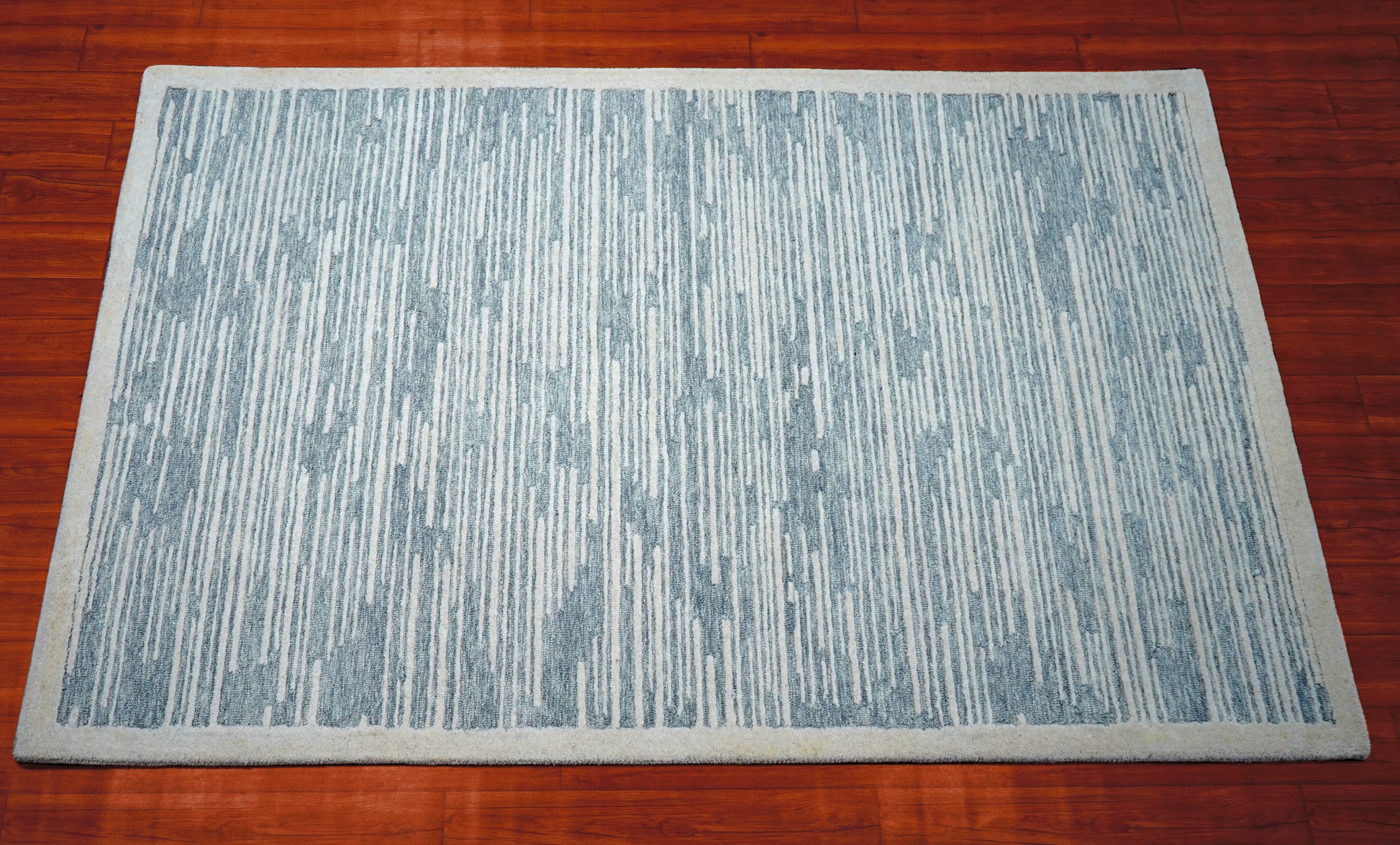 Blue Grey Abstract Striped Textured Hand Tufted Wool Area Rug - Cut Pile Contemporary Custom Sizes