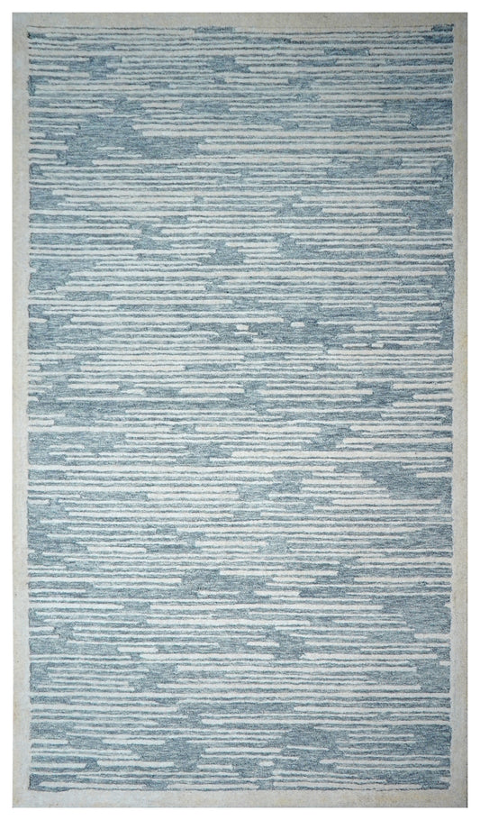 Blue Grey Abstract Striped Textured Hand Tufted Wool Area Rug - Cut Pile Contemporary Custom Sizes